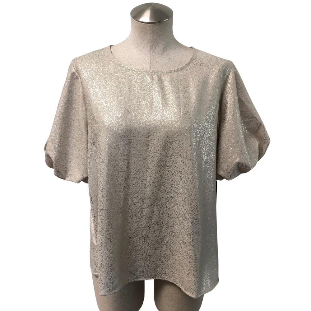 Vince Camuto Blouse Womens Large Birch Gold Confetti Ready Metallic Puff Sleeve
